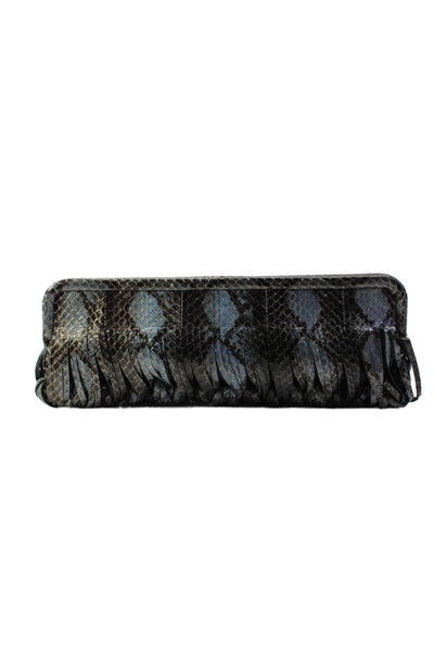 Katherine Kwei Womens Framed Crystal Fringe Snakeskin Print Clutch Handbag Blue