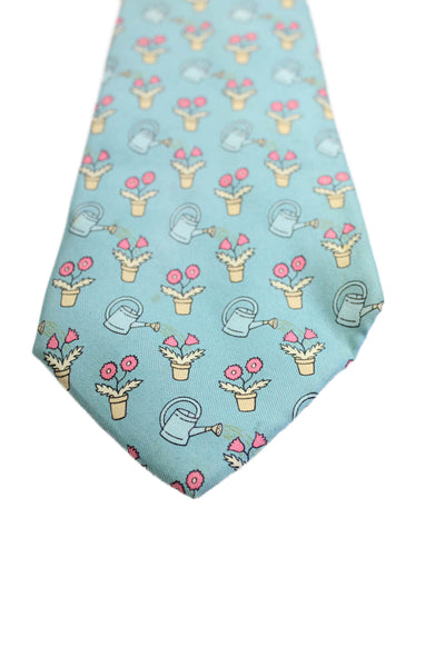 Hermes Mens Silk Floral Print Wide Classic Length Necktie Light Blue Pink