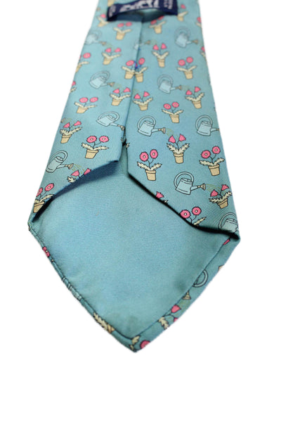 Hermes Mens Silk Floral Print Wide Classic Length Necktie Light Blue Pink