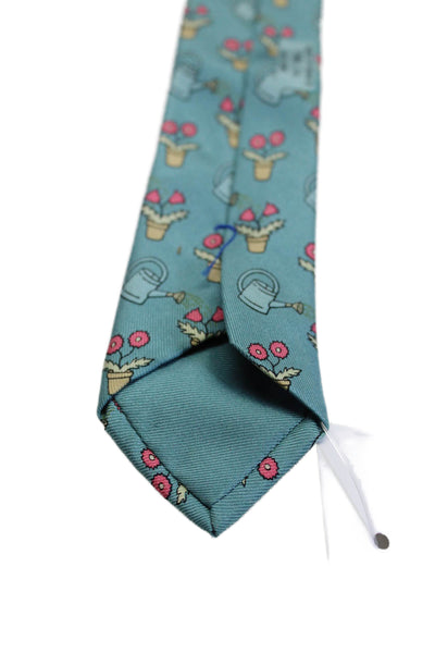 Hermes Mens Silk Floral Print Wide Classic Length Necktie Light Blue Pink