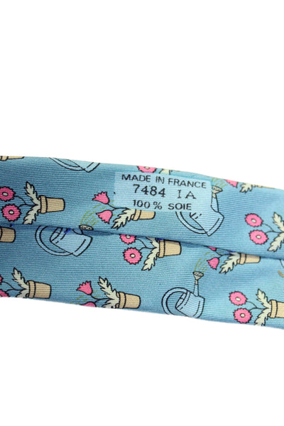 Hermes Mens Silk Floral Print Wide Classic Length Necktie Light Blue Pink