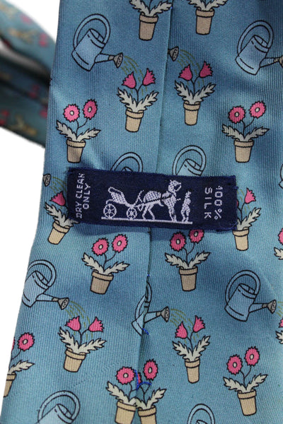 Hermes Mens Silk Floral Print Wide Classic Length Necktie Light Blue Pink