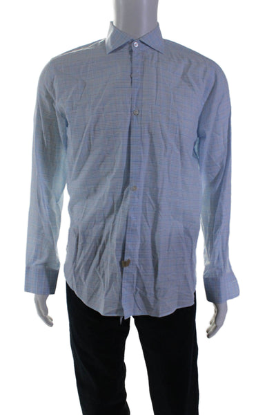 Canali Mens Cotton Plaid Buttoned Collared Long Sleeve Top Blue Size M