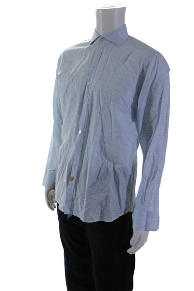 Canali Mens Cotton Plaid Buttoned Collared Long Sleeve Top Blue Size M