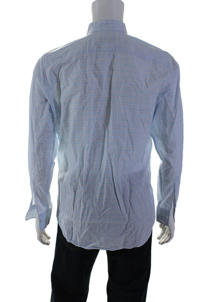 Canali Mens Cotton Plaid Buttoned Collared Long Sleeve Top Blue Size M