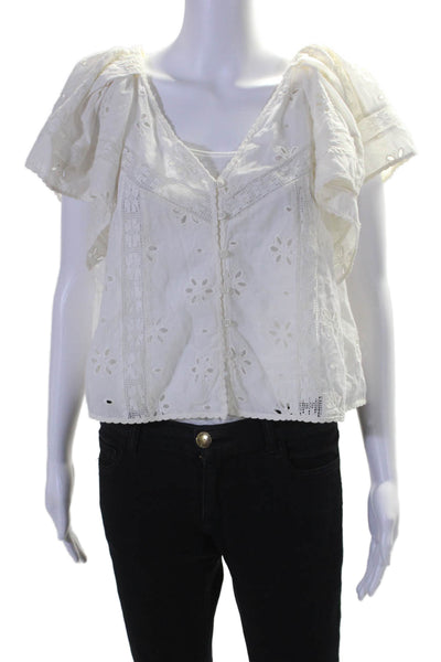 The Great Womens Eyelet Button Down Short Sleeves Blouse White Cotton Size 1