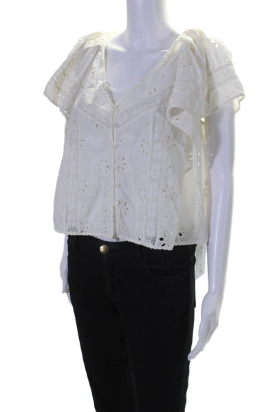 The Great Womens Eyelet Button Down Short Sleeves Blouse White Cotton Size 1