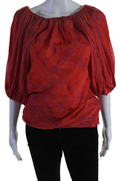 Giambattista Valli Womens Silk Scoop Neck Long Sleeve Floral Blouse Red Size XXS