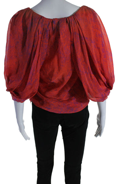 Giambattista Valli Womens Silk Scoop Neck Long Sleeve Floral Blouse Red Size XXS