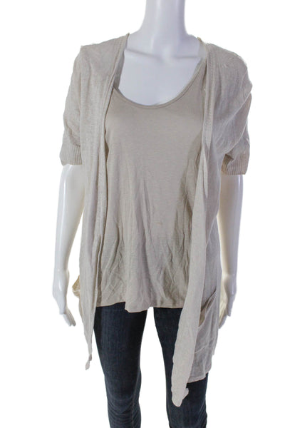 Tahari Womens Linen Beige Open Front Short Sleeve Cardigan Sweater Top Set SizeM