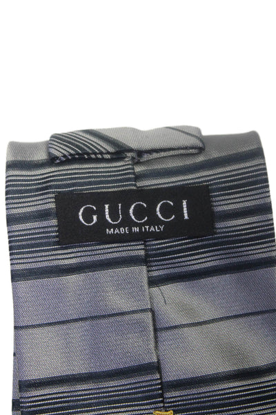 Gucci Mens Metallic Gray Striped Print Silk Necktie