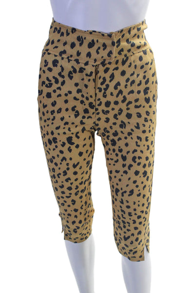 Nicholas Womens Linen Amber Brown Leopard Print High Rise Capri Pants Size 0