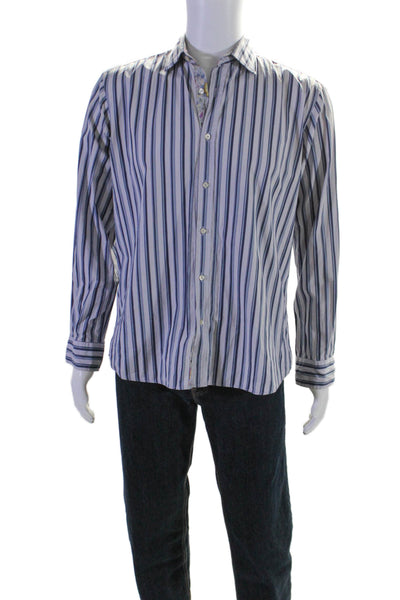 Etro Mens Long Sleeve Button Front Collared Striped Shirt Blue Cotton Size 40