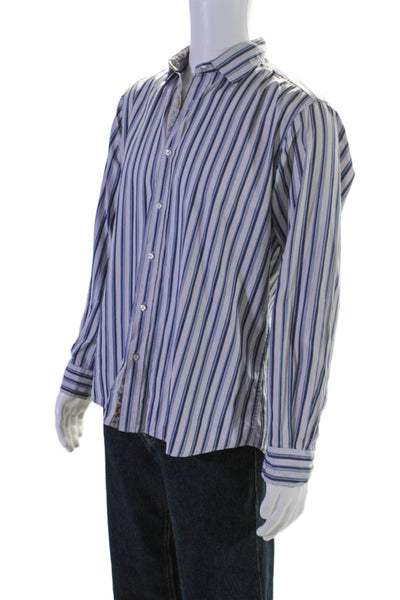 Etro Mens Long Sleeve Button Front Collared Striped Shirt Blue Cotton Size 40