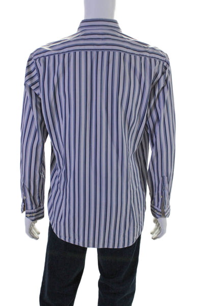 Etro Mens Long Sleeve Button Front Collared Striped Shirt Blue Cotton Size 40