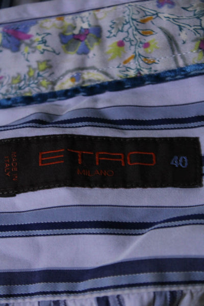 Etro Mens Long Sleeve Button Front Collared Striped Shirt Blue Cotton Size 40