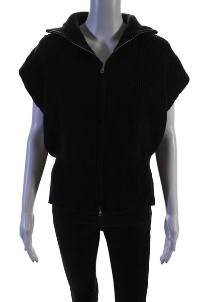 Commense Womens Ribbed High Neck Zipped Cap Sleeve Jacket Black Size M