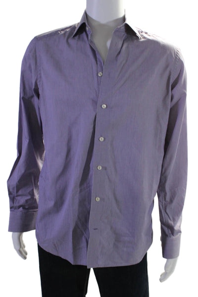 Eton Mens Button Front Long Sleeve Collared Striped Shirt Purple White Size 15.5