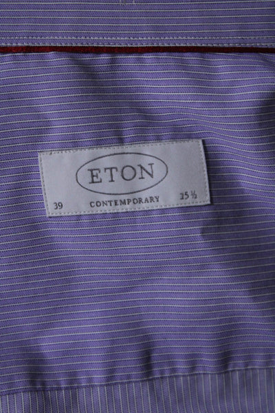 Eton Mens Button Front Long Sleeve Collared Striped Shirt Purple White Size 15.5