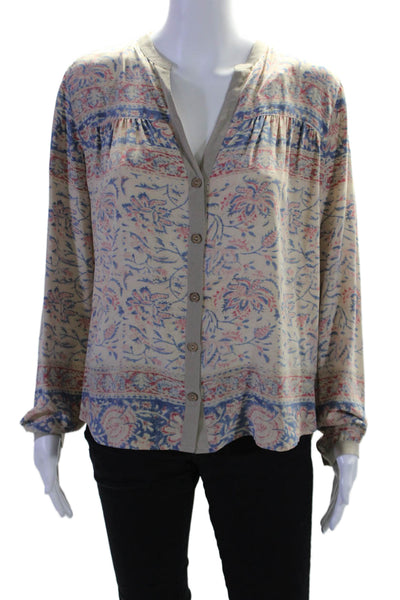 Chaser Womens Long Sleeve V Neck Floral Silk Shirt White Blue Size Medium