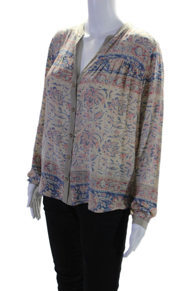 Chaser Womens Long Sleeve V Neck Floral Silk Shirt White Blue Size Medium