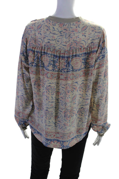 Chaser Womens Long Sleeve V Neck Floral Silk Shirt White Blue Size Medium