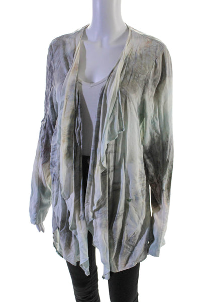 XCVI Womens Long Sleeve Open Front Abstract Kimono Shirt Jacket Gray Blue XL