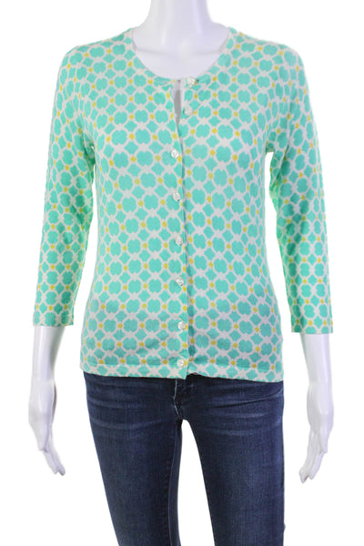 Garnet Hill Womens Merino Wool Geometric Print Button Down Sweater Green Size XS