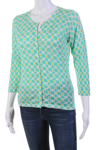 Garnet Hill Womens Merino Wool Geometric Print Button Down Sweater Green Size XS