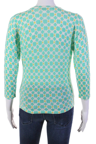 Garnet Hill Womens Merino Wool Geometric Print Button Down Sweater Green Size XS