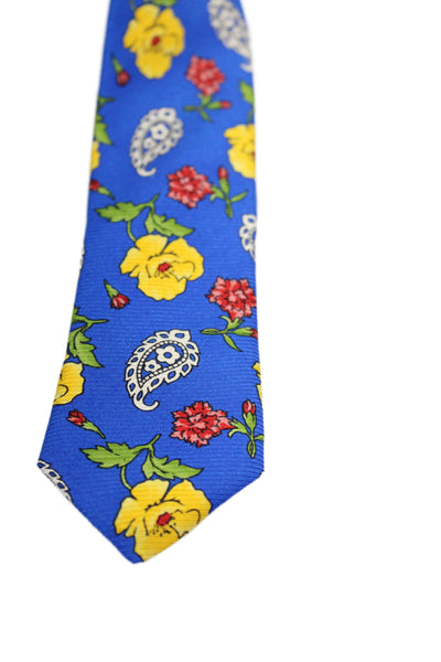 Kenzo Mens Silk Floral Paisley Printed Short Length Tie Royal Blue 56"