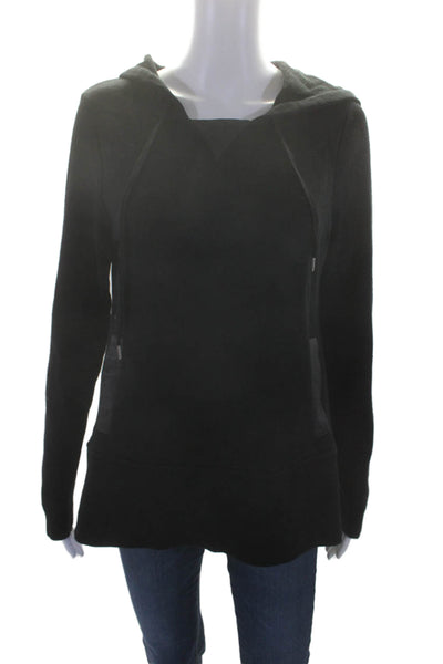 Club Monaco Womens Black Cotton Wool Blend Leather Trim Pullover Hoodie Size M
