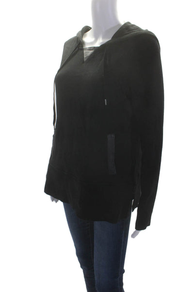 Club Monaco Womens Black Cotton Wool Blend Leather Trim Pullover Hoodie Size M