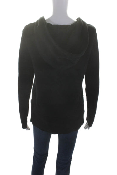 Club Monaco Womens Black Cotton Wool Blend Leather Trim Pullover Hoodie Size M