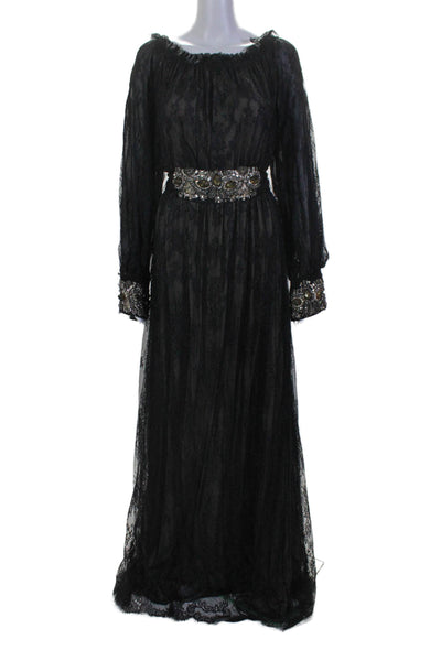 Badgley Mischka Couture Womens Lace Beaded Long Sleeve Maxi Dress Black Size 0