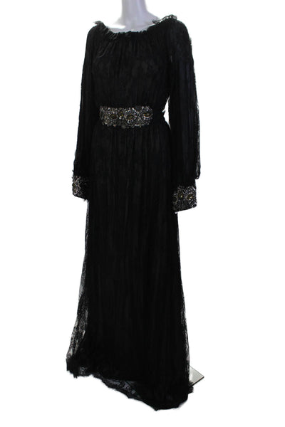 Badgley Mischka Couture Womens Lace Beaded Long Sleeve Maxi Dress Black Size 0