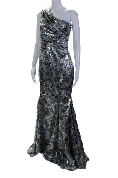 Badgley Mischka Womens Metallic Sleeveless One Shoulder Lame Gown Blue Size 0