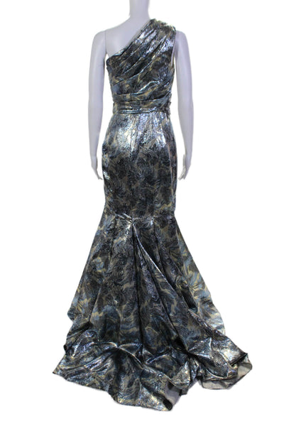 Badgley Mischka Womens Metallic Sleeveless One Shoulder Lame Gown Blue Size 0