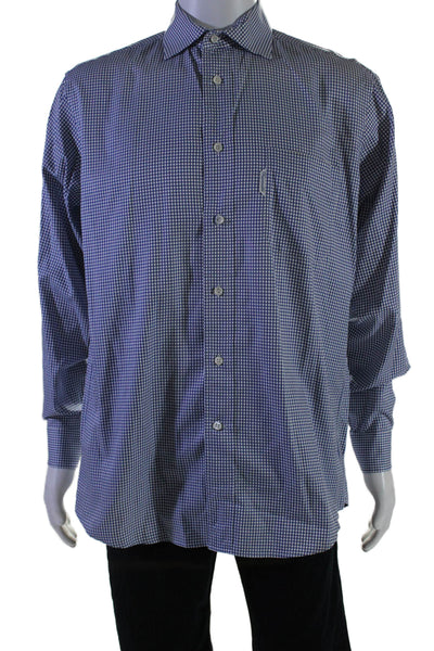 Faconnable Mens Button Front Long Sleeve Plaid Collared Shirt White Blue 15.5