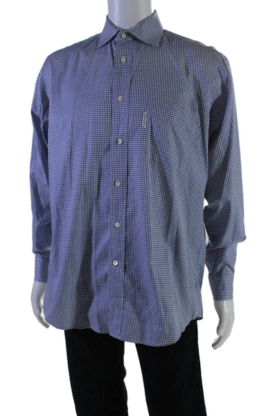 Faconnable Mens Button Front Long Sleeve Plaid Collared Shirt White Blue 15.5