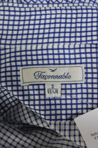 Faconnable Mens Button Front Long Sleeve Plaid Collared Shirt White Blue 15.5