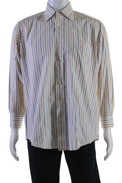 Faconnable Mens Button Front Long Sleeve Collared Striped Shirt White Blue 15.5