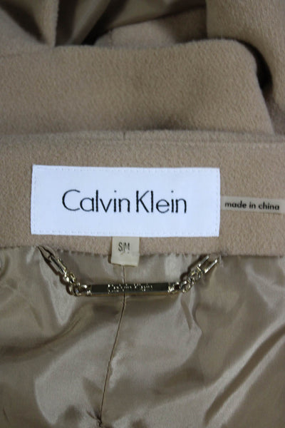 Calvin Klein Womens Fleece Toggle Faux Leather Trim Poncho Brown Size S/M