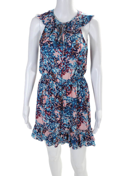 Parker Womens Blue Pink Floral Ruffle V-neck Sleeveless Shift Dress Size XS