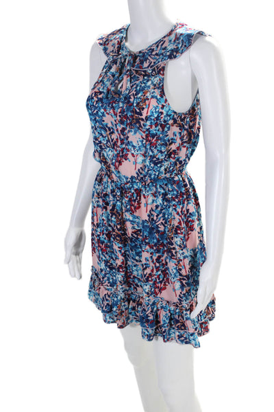 Parker Womens Blue Pink Floral Ruffle V-neck Sleeveless Shift Dress Size XS