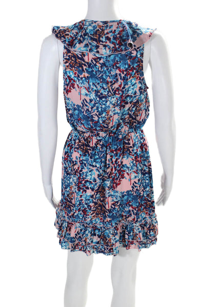 Parker Womens Blue Pink Floral Ruffle V-neck Sleeveless Shift Dress Size XS