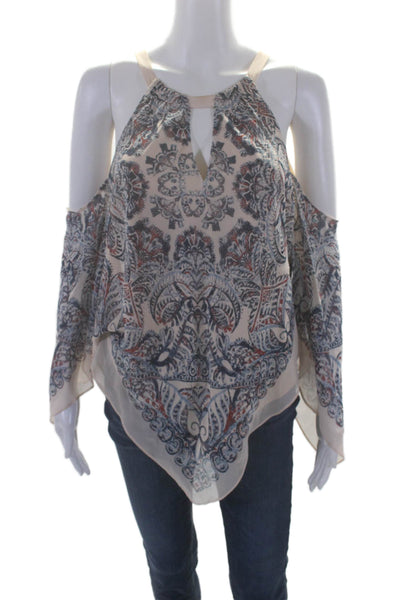 BCBGMAXAZRIA Womens Silk Beige Printed Cold Shoulder 3/4 Sleeve Blouse Top SizeM