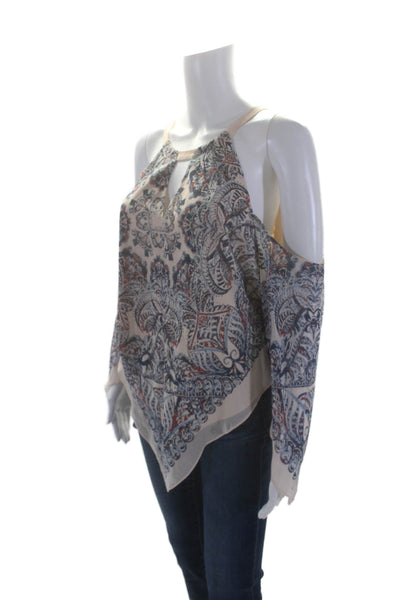 BCBGMAXAZRIA Womens Silk Beige Printed Cold Shoulder 3/4 Sleeve Blouse Top SizeM