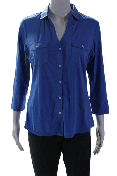 J. Mclaughlin Womens V-Neck Ribbed Panel Button Down Blouse Blue Size M