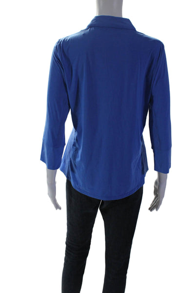 J. Mclaughlin Womens V-Neck Ribbed Panel Button Down Blouse Blue Size M